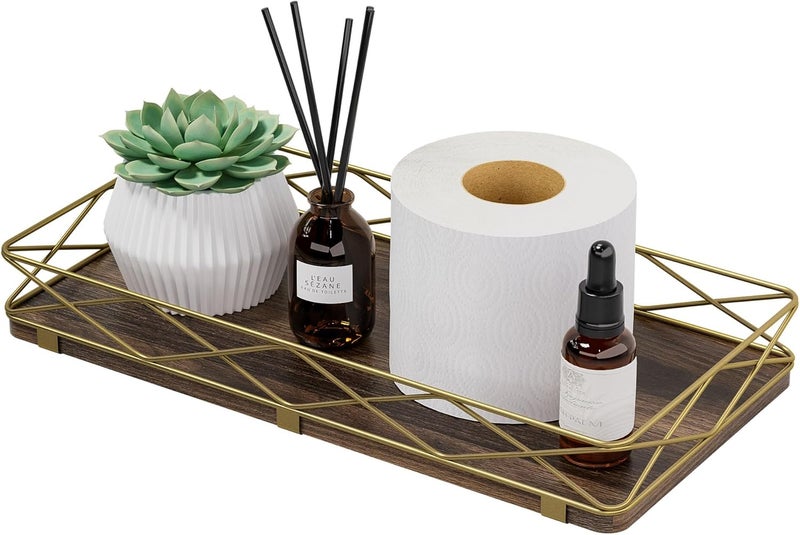 Lixple Toilet Paper Basket Holder, 13" Bathroom Tray Countertop, Wood and Metal Toilet Tank Tray Bathroom Vanity Organizer for Toiletry, Kitchen Sink Organizer for Soap Dispenser (Brown+Gold) - Image 1